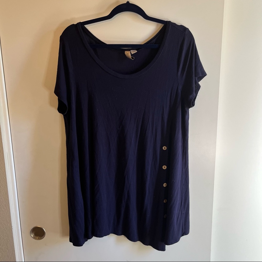Blue Lightweight Tunic Short Sleeve Tee with Buttons Down Side, Soft Fabric